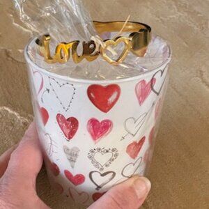 NWT Valentine's Bundle Love Script Gold Tone Stainless Bangle & Cupid's Candle